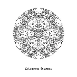 Image à colorier d’un mandala de lapins et d’étoiles pour les enfants de l’école primaire