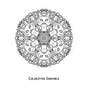 Image à colorier d’un mandala de lapins en train de manger pour les enfants de l’école primaire