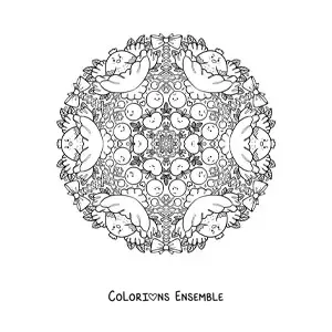 Image à colorier d’un mandala de poules et de fruits pour les enfants de l’école primaire
