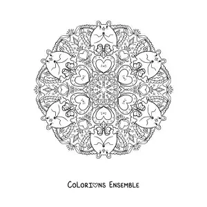 Image à colorier d’un mandala de petits rongeurs et de cœurs pour les enfants de l’école primaire