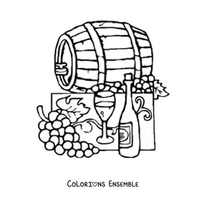 Image à colorier de raisins à côté d’un tonneau et d’une bouteille de vin