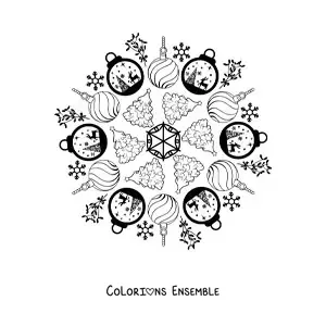 Coloriage d’un mandala de boules et de sapins de Noël pour enfants