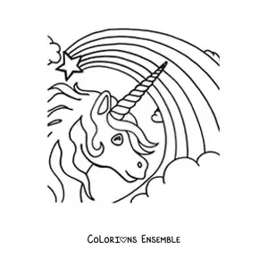 Image à colorier d’une tête de licorne avec un arc-en-ciel en arrière-plan