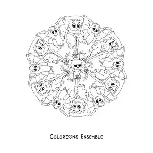 Coloriage d’un mandala d’Halloween avec Frankenstein et un crâne