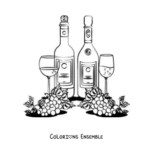 Image à colorier de raisins à côté de deux bouteilles et de deux verres de vin