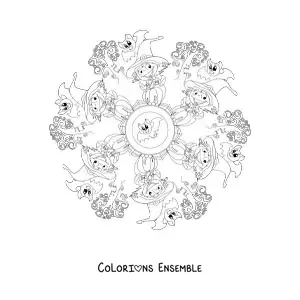 Coloriage d’un mandala d’Halloween avec une sorcière et des chauves-souris