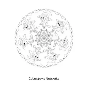 Coloriage d’un mandala d’Halloween avec une sorcière et des chauves-souris