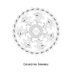 Coloriage d’un mandala d’Halloween avec une sorcière et des crânes
