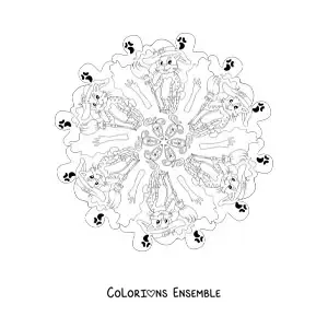 Coloriage d’un mandala d’Halloween avec un chat et des fantômes