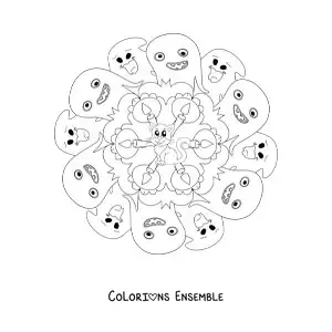 Coloriage d’un mandala d’Halloween avec un chat et des fantômes