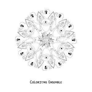 Coloriage d’un mandala d’Halloween avec un monstre et une maison hantée