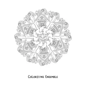 Coloriage d’un mandala d’Halloween avec une maison hantée et des citrouilles