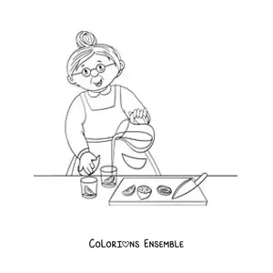 Image à colorier d’une grand-mère qui prépare de la limonade