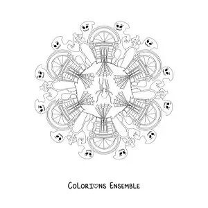 Coloriage d’un mandala d’Halloween avec une maison hantée et des fantômes
