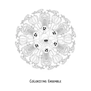 Coloriage d’un mandala d’Halloween avec une maison hantée et un crâne