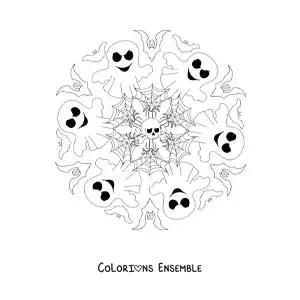 Coloriage d’un mandala d’Halloween avec des chauves-souris et des fantômes