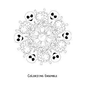 Coloriage d’un mandala d’Halloween avec des monstres et des fantômes