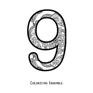 Image à colorier d'un mandala du chiffre 9