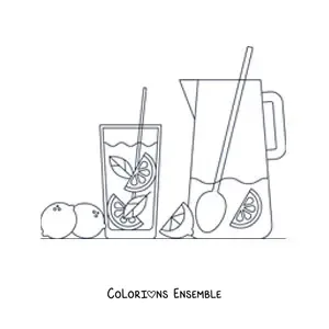 Image à colorier d’un pichet et d’un verre de limonade avec des citrons
