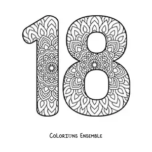 Image à colorier d'un mandala du nombre 18