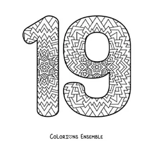 Image à colorier d'un mandala du nombre 19
