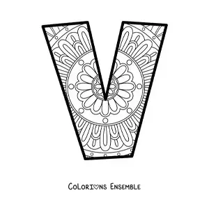 Image à colorier d'un mandala de la lettre v