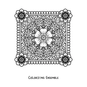 Image à colorier d'un mandala carré orné de fleurs