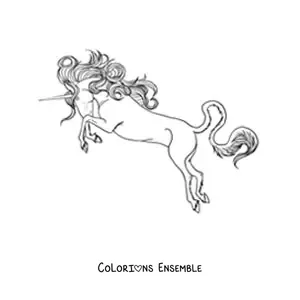 Image à colorier d’une licorne dressée sur deux pattes en train de charger