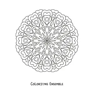 Image à colorier d'un mandala rond facile avec des cœurs