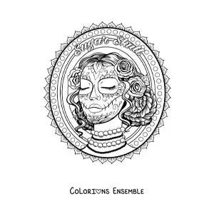 Image à colorier d'une jolie Catrina réaliste sur un fond de mandala
