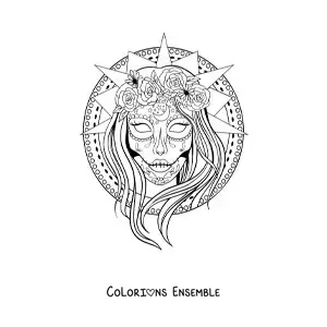 Image à colorier d'une jolie Catrina réaliste sur un fond de mandala