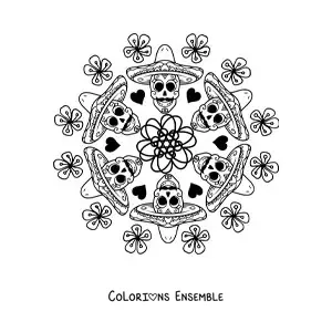 Image à colorier d'un mandala de crânes mexicains