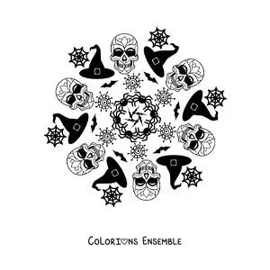 Image à colorier d'un mandala de crânes d'Halloween