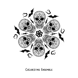 Image à colorier d'un mandala de crânes d'Halloween