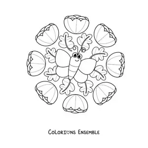 Image à colorier d'un mandala kawaii avec un papillon et des fleurs