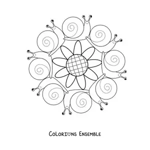 Image à colorier d'un mandala kawaii avec des escargots et une fleur