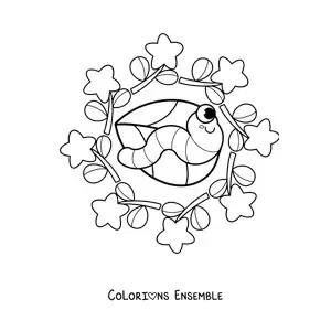 Image à colorier d'un mandala kawaii avec une chenille et des fleurs