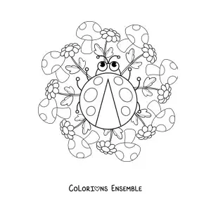 Image à colorier d'un mandala kawaii avec une coccinelle, des champignons et des fleurs