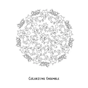 Image à colorier d'un mandala kawaii avec des licornes, des fleurs et des étoiles