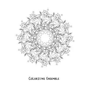 Image à colorier d'un mandala kawaii avec des licornes, des fleurs et des cœurs