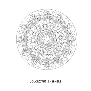 Image à colorier d'un mandala kawaii avec des licornes, des fleurs, des cœurs et des étoiles