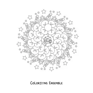 Image à colorier d'un mandala kawaii avec des licornes, des cœurs et des étoiles