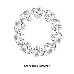 Image à colorier d'un mandala kawaii avec des parts de gâteau