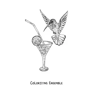 Image à colorier d’un colibri qui boit dans un verre avec une rondelle de citron