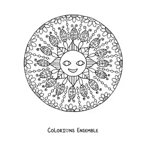 Image à colorier d'un mandala avec un soleil rieur entouré de coccinelles et de fleurs
