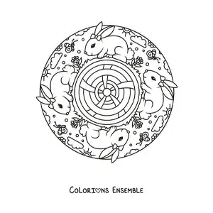 Image à colorier d'un mandala avec des lapins kawaii