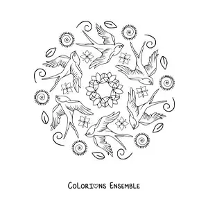 Image à colorier d'un mandala avec des oiseaux en vol et des feuilles