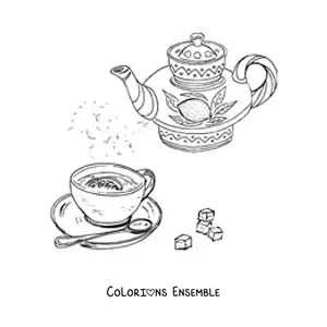 Image à colorier d’une théière avec du thé au citron
