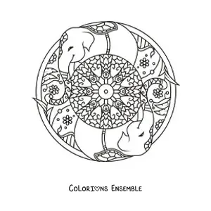 Image à colorier d'un mandala d'éléphants