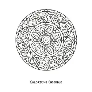 Image à colorier d'un mandala de poissons